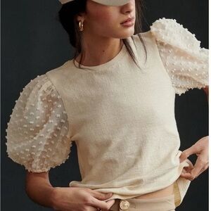 Anthropologie Cream Textured Puff Sleeve Blouse